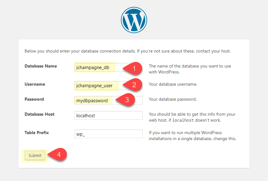 enter wordpress install information