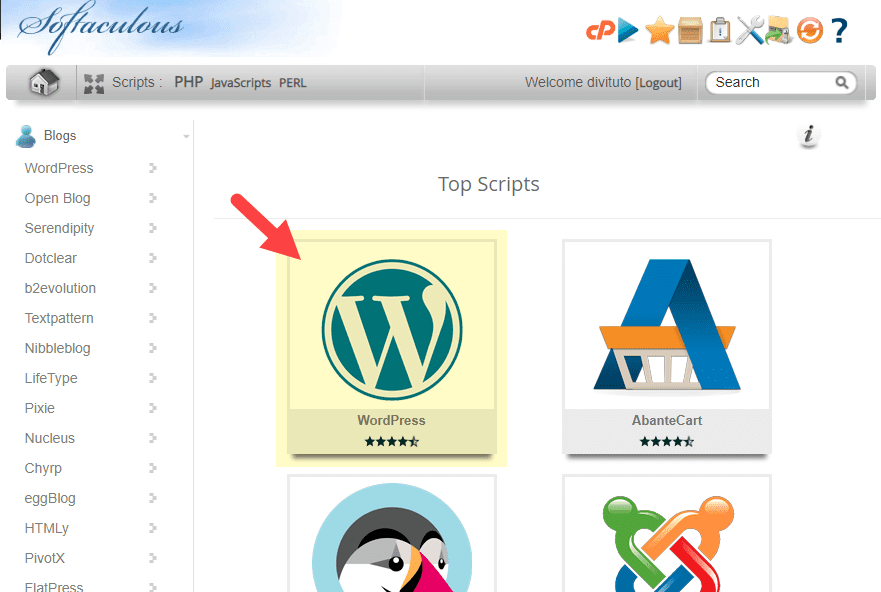 Softaculous wordpress install