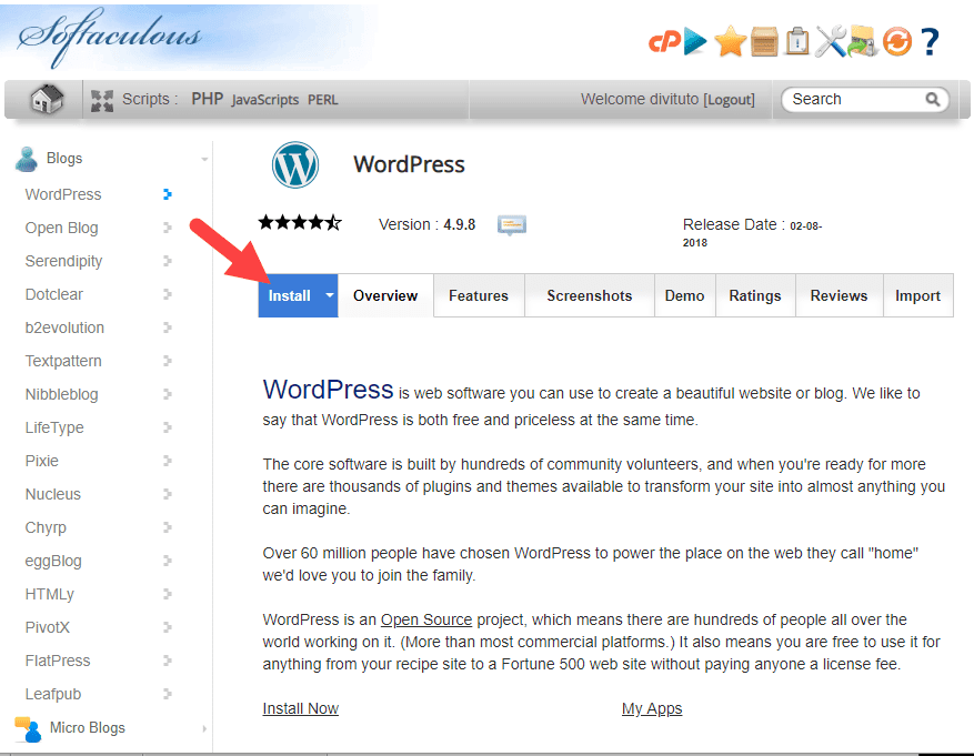 Softaculous wordpress install