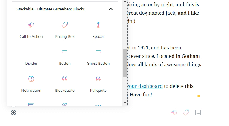 Some of the blocks Stackable adds to Gutenberg.