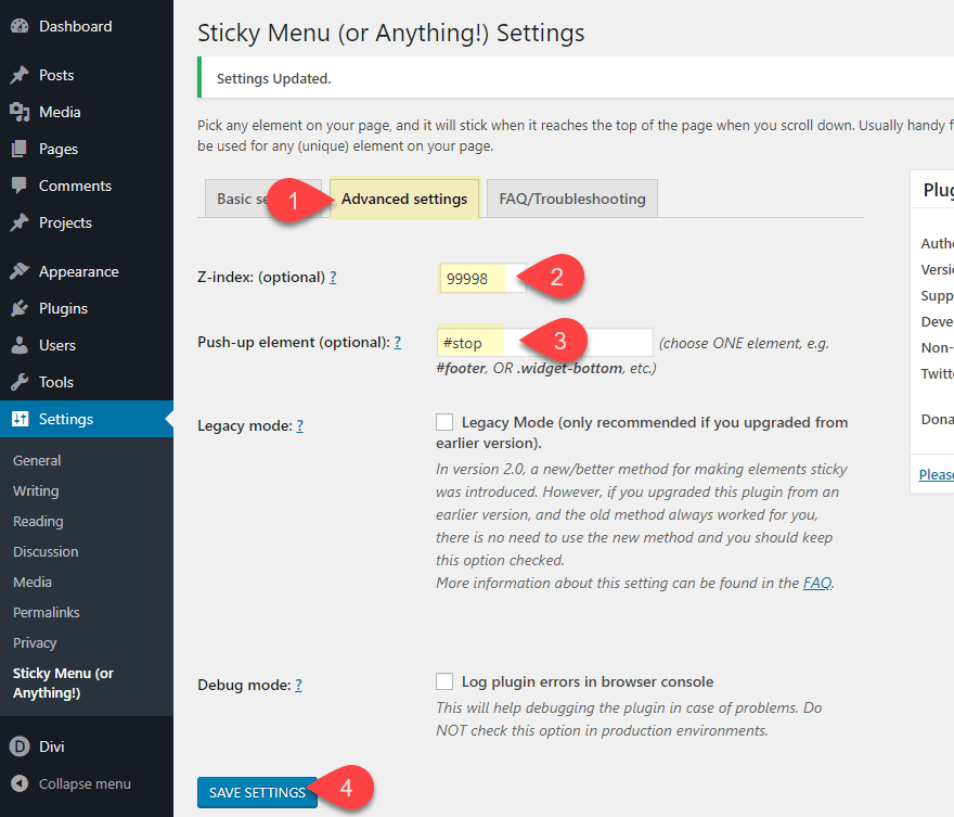 divi page element sticky