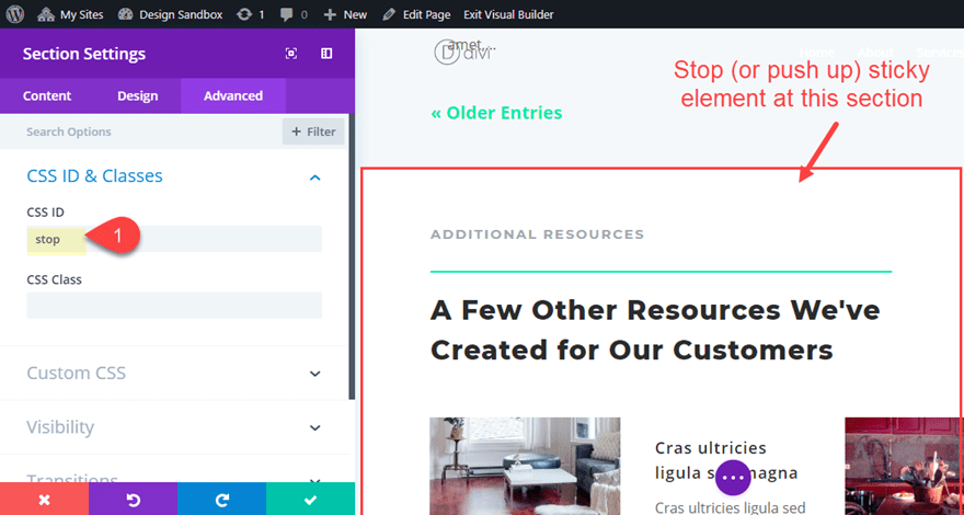 divi page element sticky