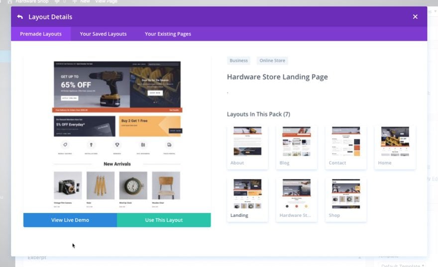 divi hardware store layout pack