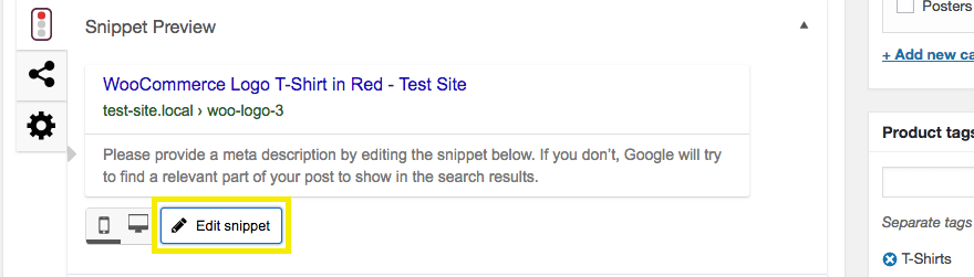 The Edit Snippet button in Yoast. Complete Guide to WooCommerce SEO