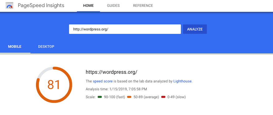 Uma página de resultados do Google PageSpeed ​​Insights.