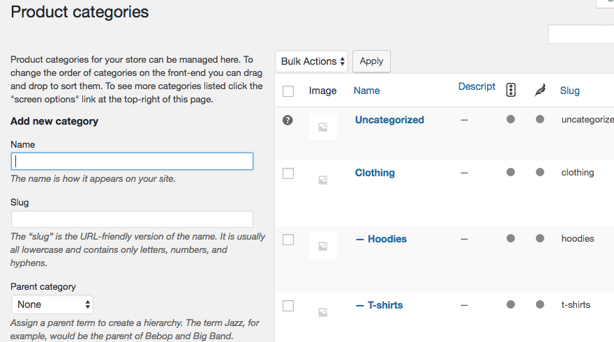 The back end Product Categories page.