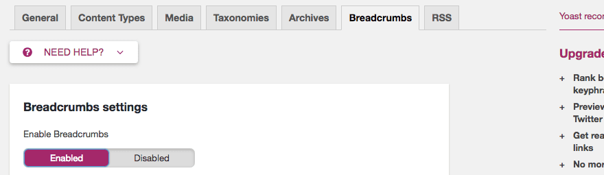 Enabling breadcrumbs in Yoast.