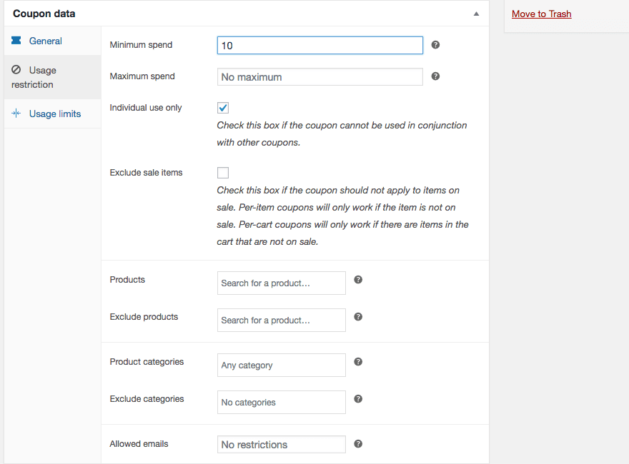 Adding usage restrictions to a new coupon.