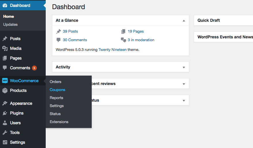 Navigation to the WooCommerce Coupons screen from the WordPress dashboard.