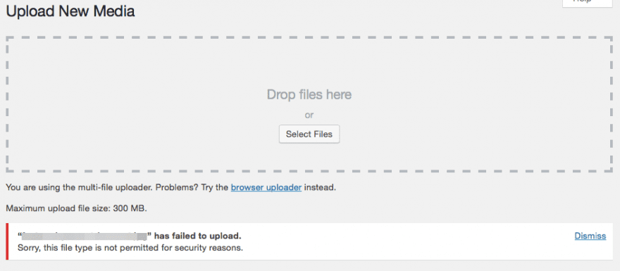 The "Sorry, this file type is not permitted for security reasons" error in WordPress.