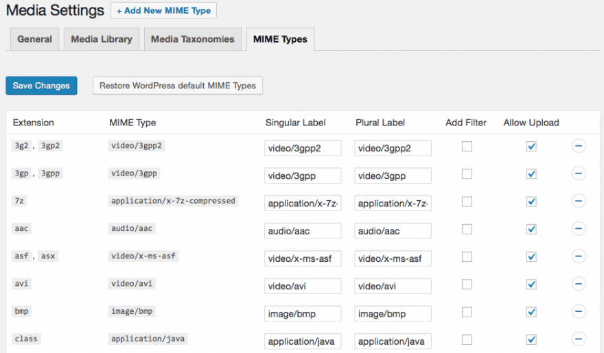 The Enhanced Media Library mime types settings.