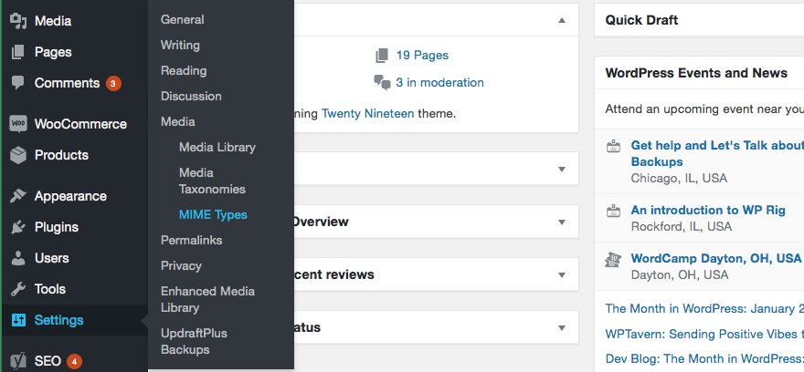 Mime types settings enabled with the Enhanced Media Library plugin.