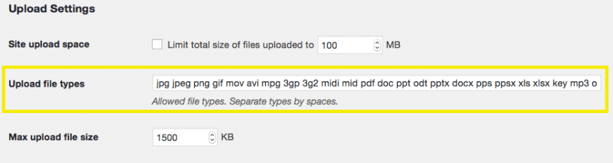 Upload file types setting in WordPress Multisite.