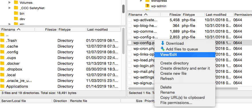 Selecting the wp-config.php file for editing via FTP.