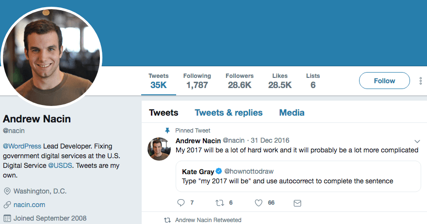 Andrew Nacin's Twitter profile.