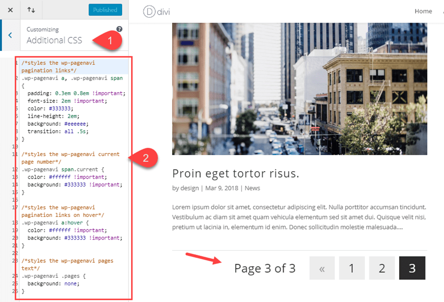 style pagination in divi