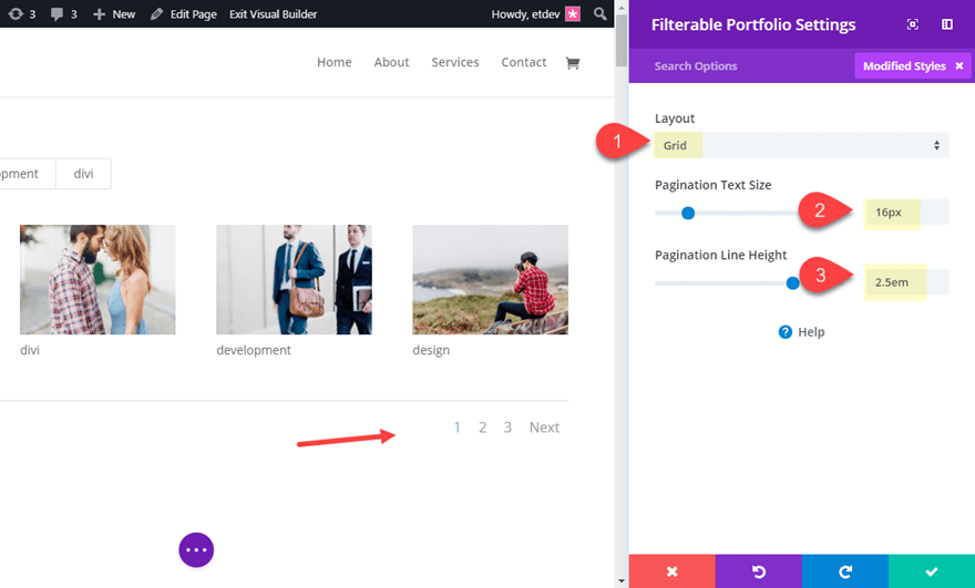 style pagination in divi