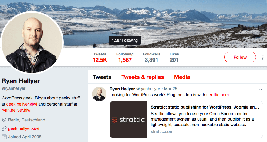 Ryan Hellyer's Twitter profile.