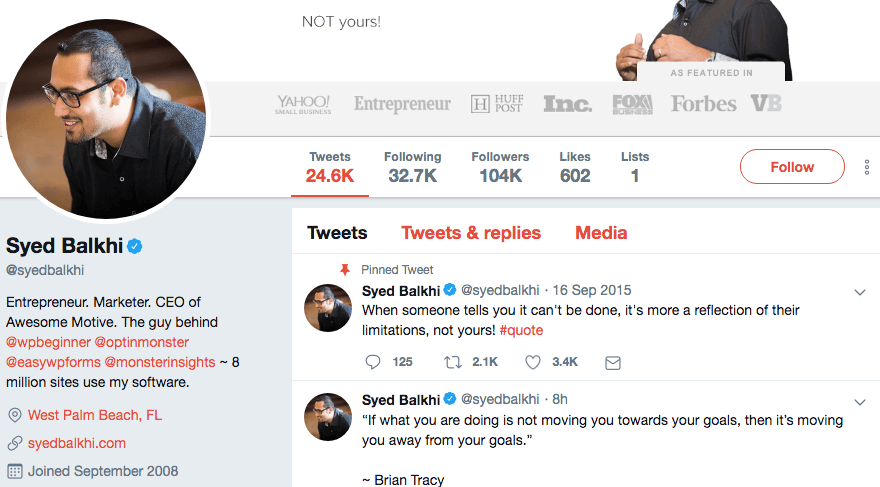 Syed Balkhi's Twitter profile.