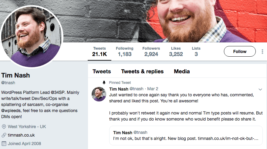 Tim Nash's Twitter profile.