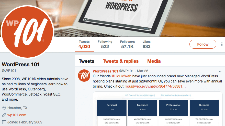 The Twitter profile for WP101.