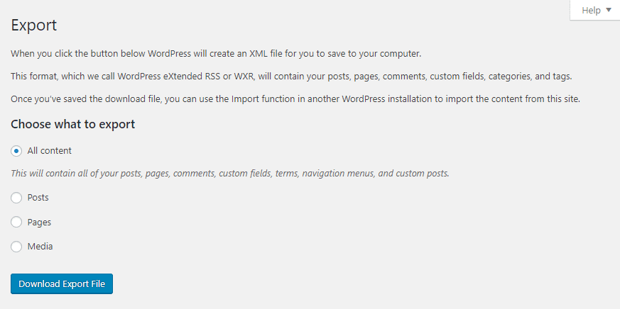 Exporting WordPress content.