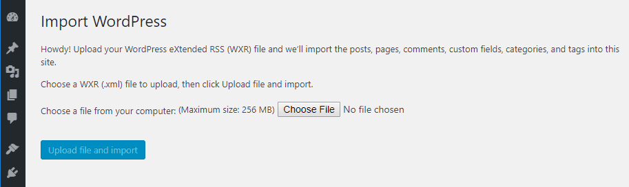 Importing an XML file into WordPress.