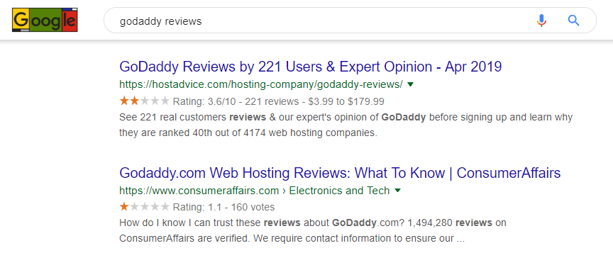 Google's GoDaddy reviews.