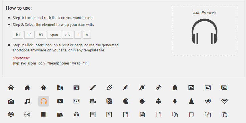 The WP SVG Icons selection screen.