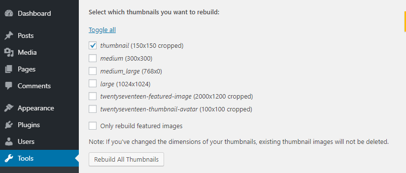 WordPress thumbnail settings.