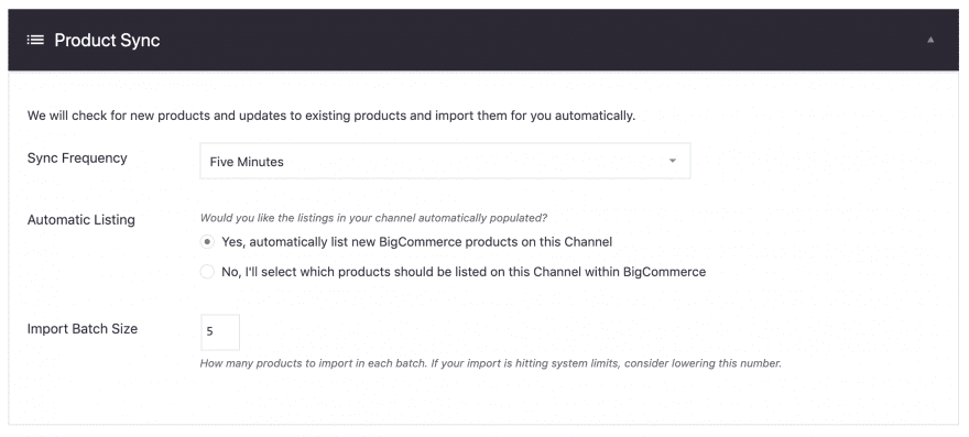 The sync frequency settings for BigCommerce in WordPress.