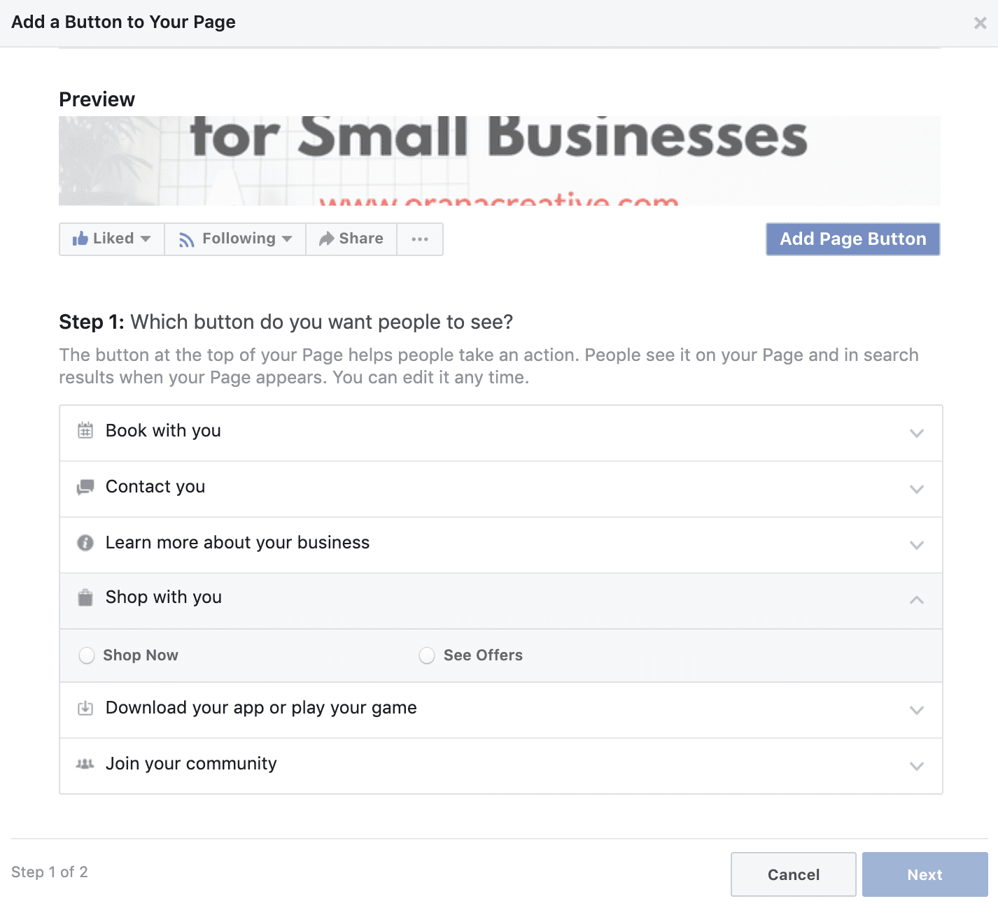 Screenshot of Facebook Page Button preferences