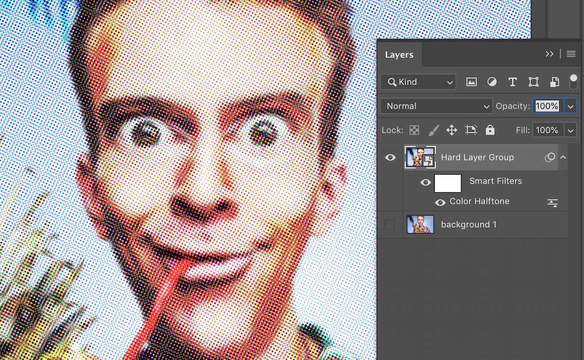 Screenshot of the Color Halftone filter applied to funny man image