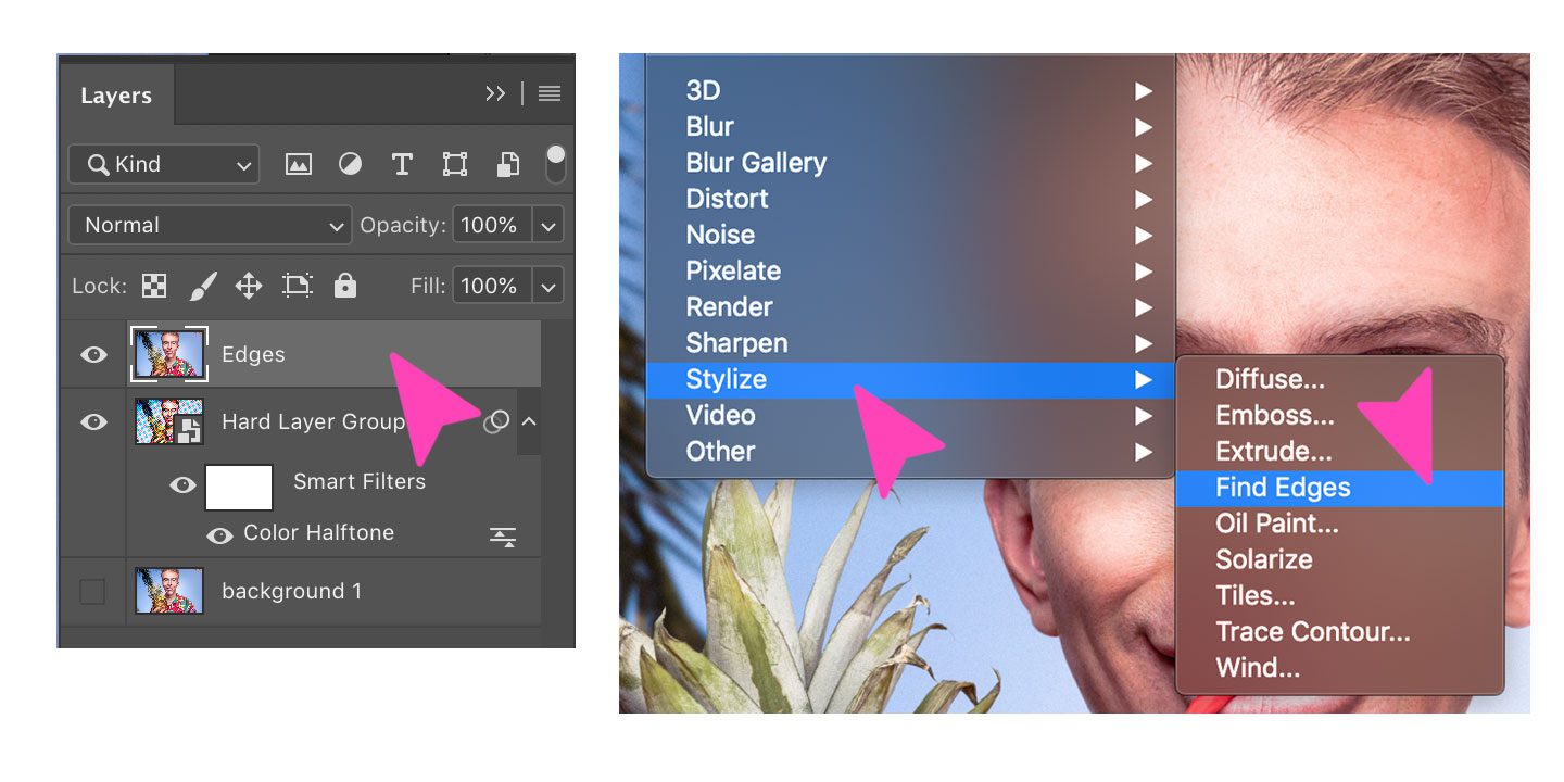 Screenshot of Photoshop action of find edges filter