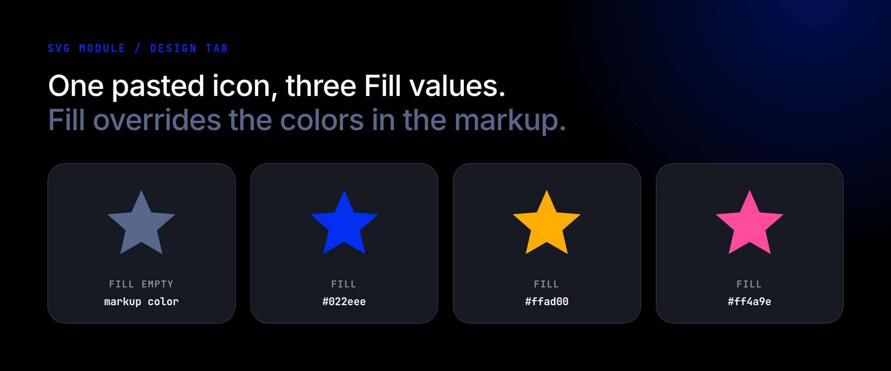 One pasted SVG recolored with three Fill values