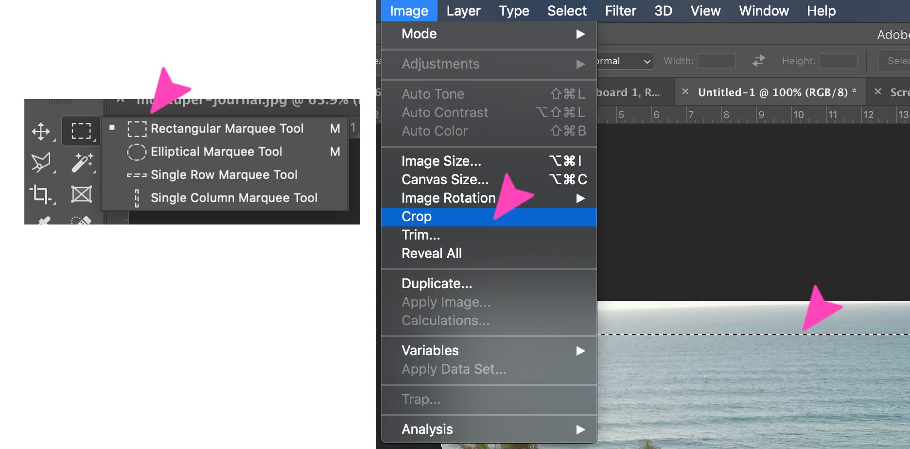 screenshot of a photoshop action - select and crop