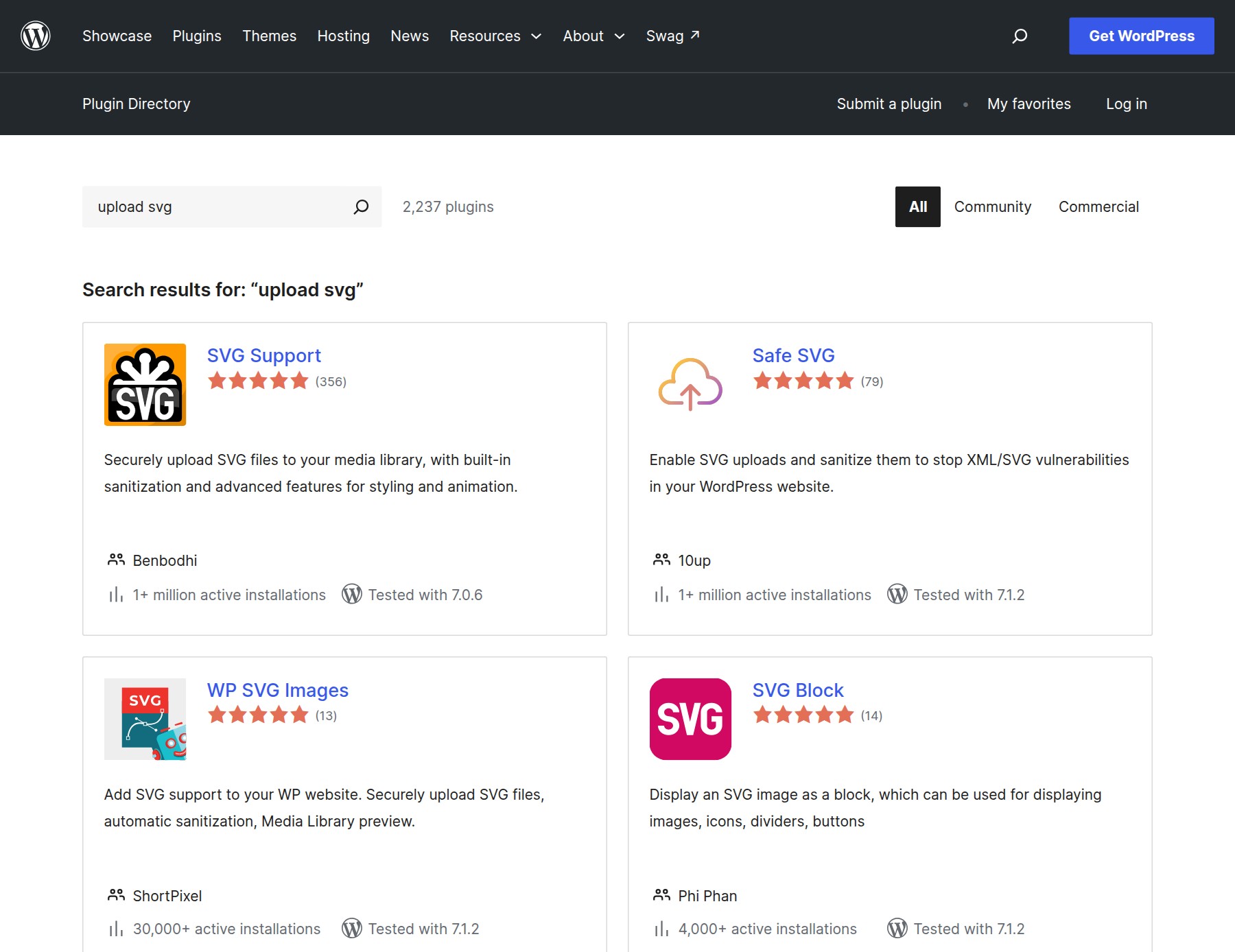 The WordPress plugin directory searched for upload svg