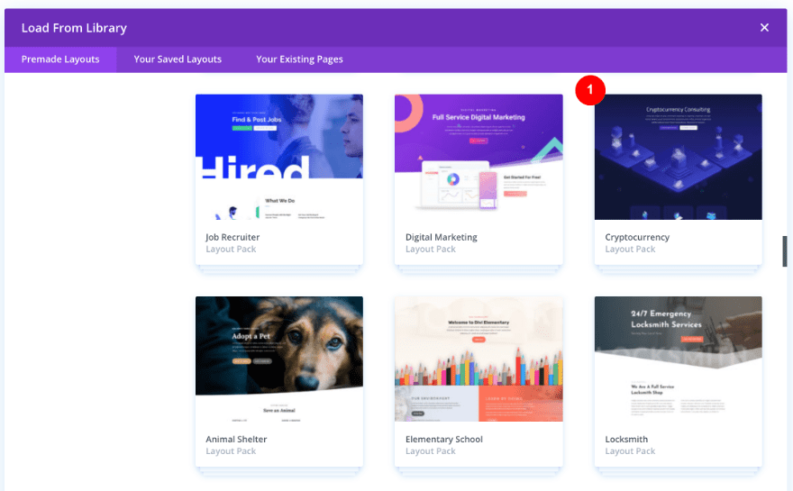 screenshot of the Divi Layout packs - Cryptocurrency