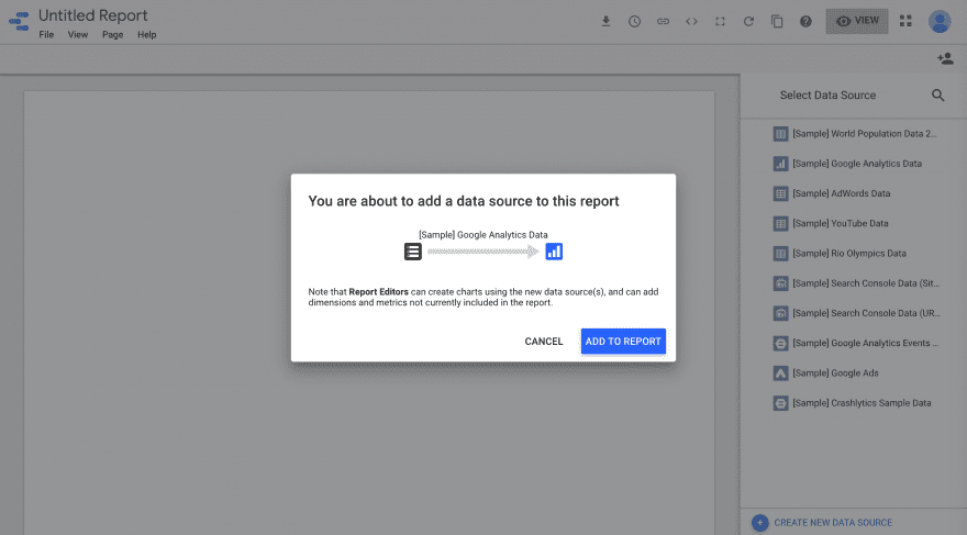 Adding a data source to a new report in Google Data Studio.