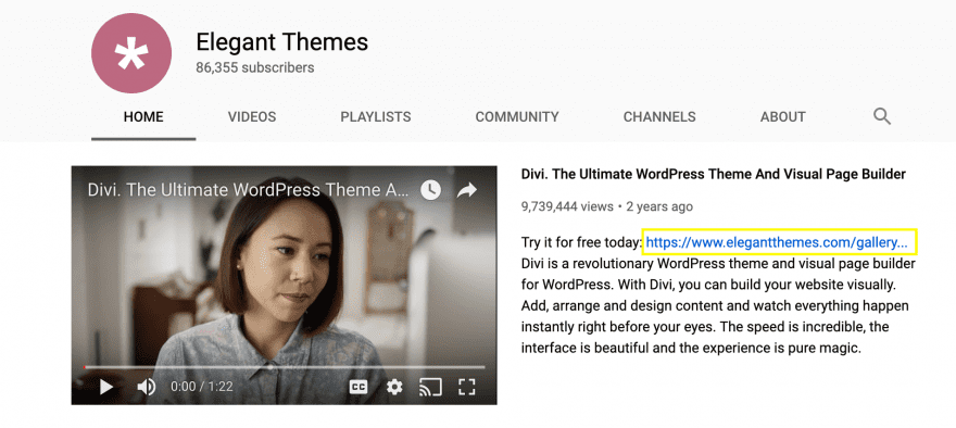 An example of a UTM link on the Elegant Theme's YouTube page.