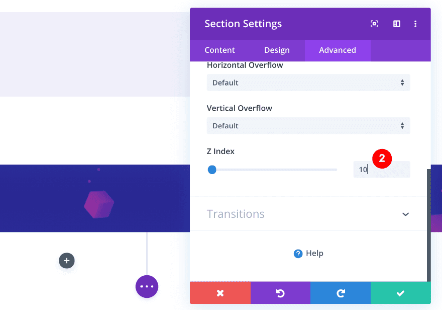 screenshot of divi builder. z-index