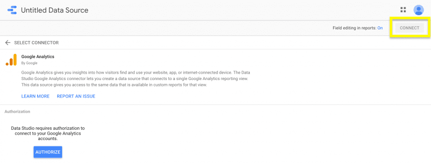 The authorize and connect buttons for a new data source in Google Data Studio.