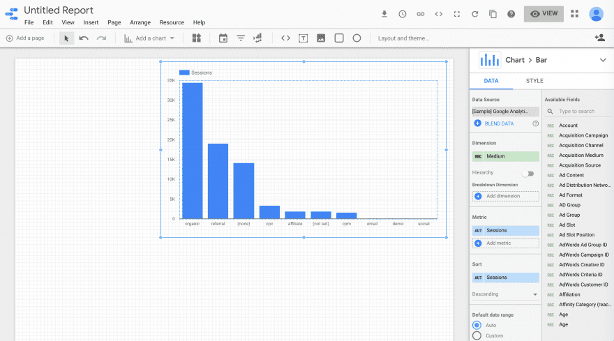 The chart customization options in Google Data Studio.