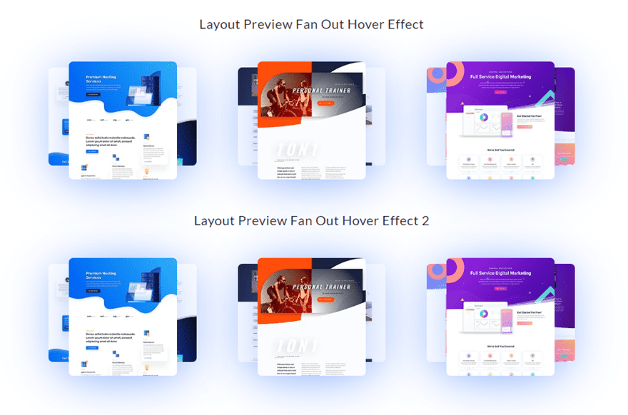 divi layout pack preview fan-out hover effects