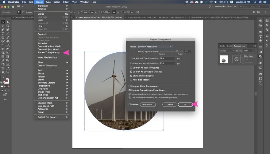 screenshot of Adobe Illustrator action - flatten transparency and expand