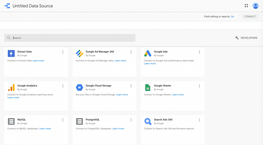 The data source options in Google Data Studio.