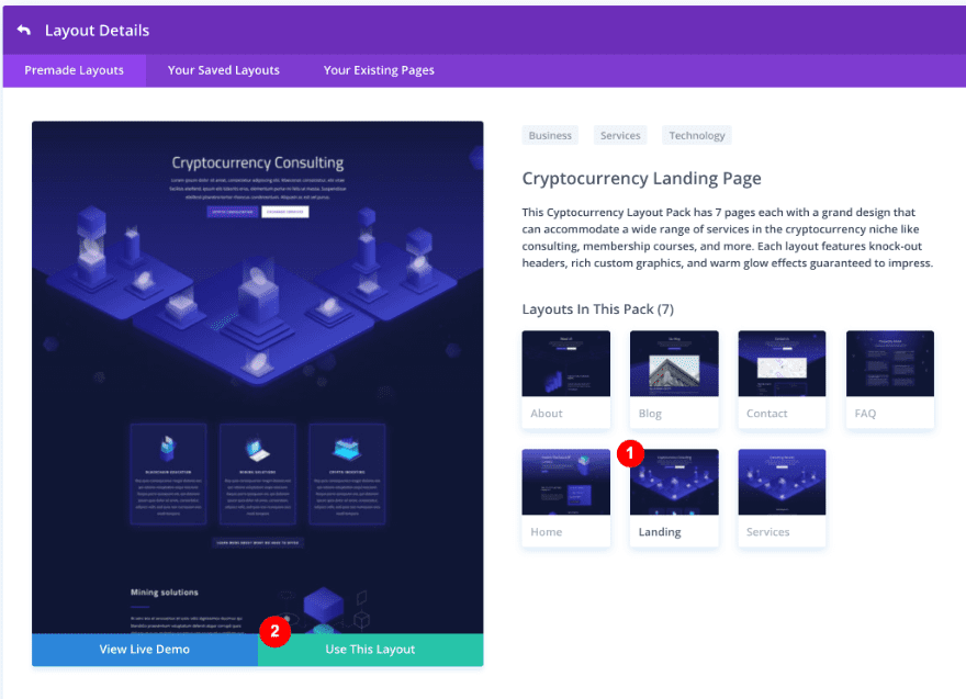 screenshot of the Divi Cryptocurrency layout pack