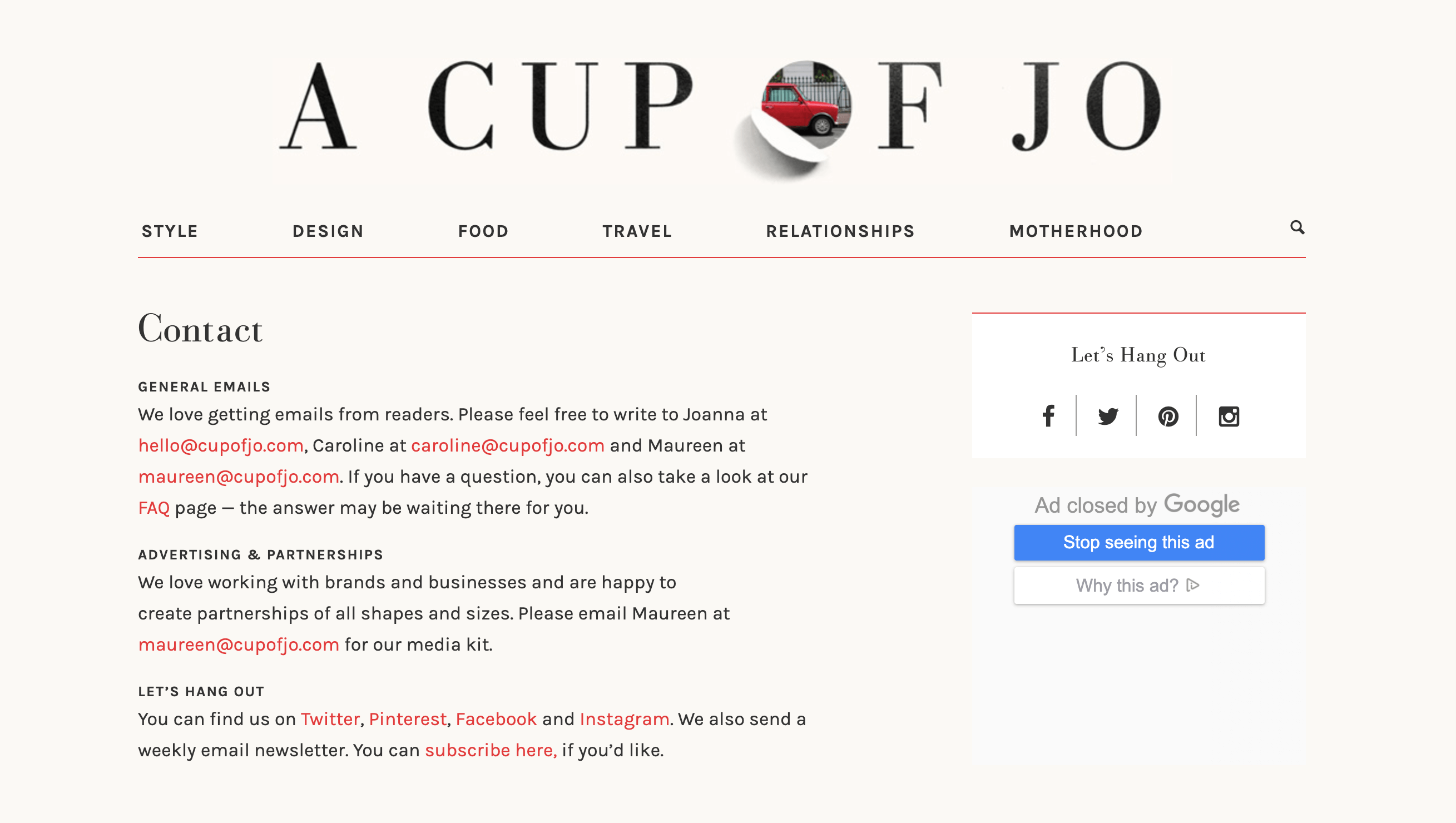 The Cup of Jo blog contact section for advertising and partnerships.
