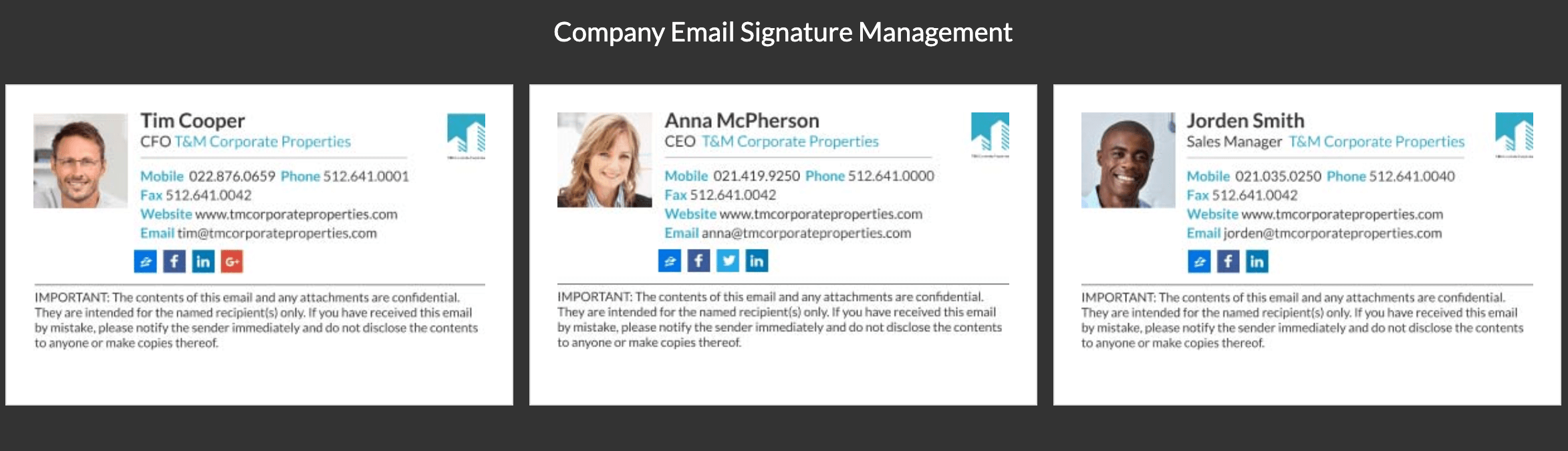 Three team email signatures created with WiseStamp.