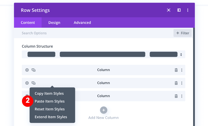 paste item styles to columns two and three